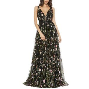 Mac Duggal Floral Embroidered Plunge Neck Maxi Dress Formal Gown Sz 2 NWT